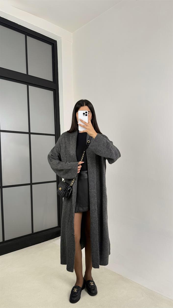 Antrasit Uzun Premium Triko Hırka GAUS-00116