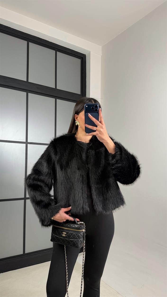 Siyah Astarlı Muadil Crop Kürk GAUS-01103