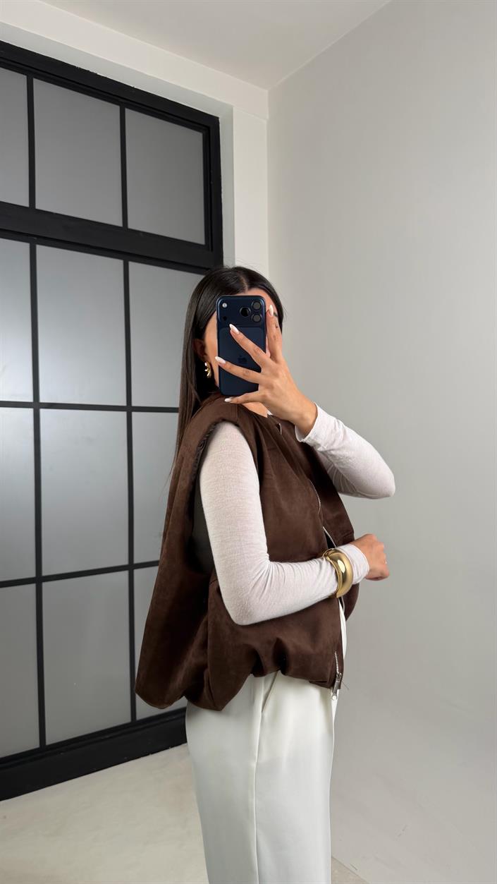 Kahve Beli Lastikli Astarlı Premium Süet Yelek GAUS-00637