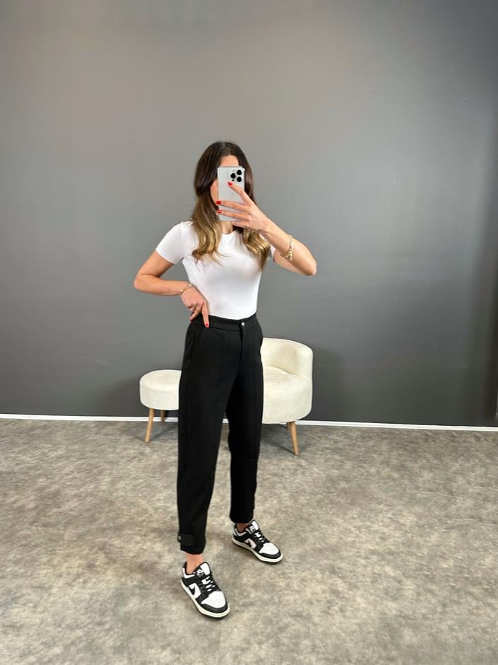 Ren Siyah Beli Lastikli Paça Detaylı Pantolon 