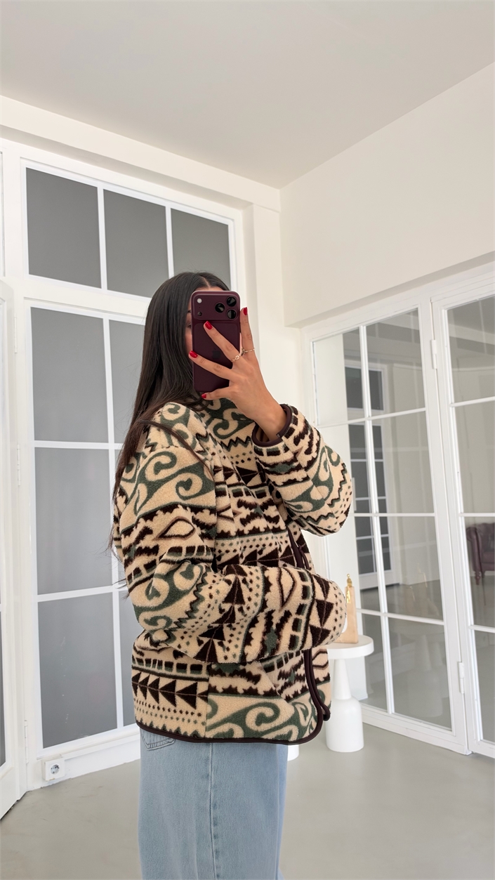 Yeşil Vintage Desenli Fermuarlı Polar Sweatshirt GAUS-01916 GAUS-02224