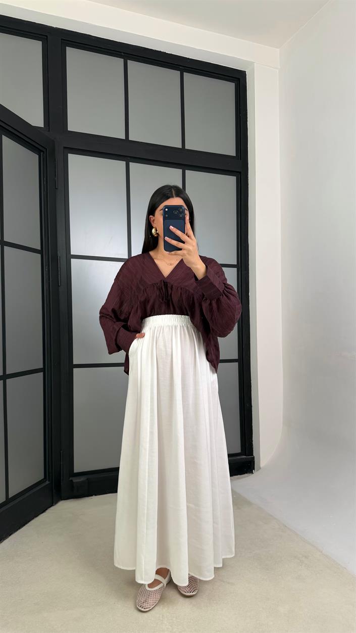 Beyaz Beli Lastikli Cepli Tencel Etek GAUS-01203