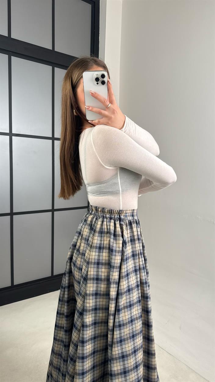 Bej Beli Lastikli Pileli Ekose Desenli Etek GAUS-01056