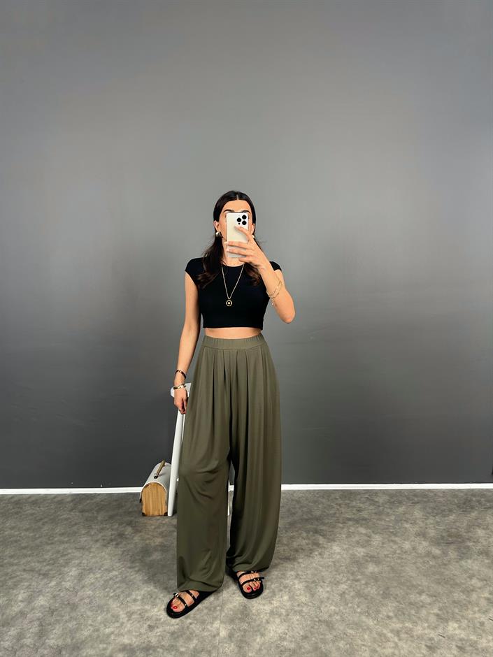 Brulle Haki Rahat Kesim Modal Dokuma Şalvar Pantolon