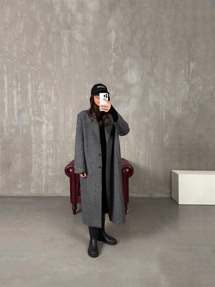 Nerisa Antrasit Düğmeli Astarlı Premium Kaban