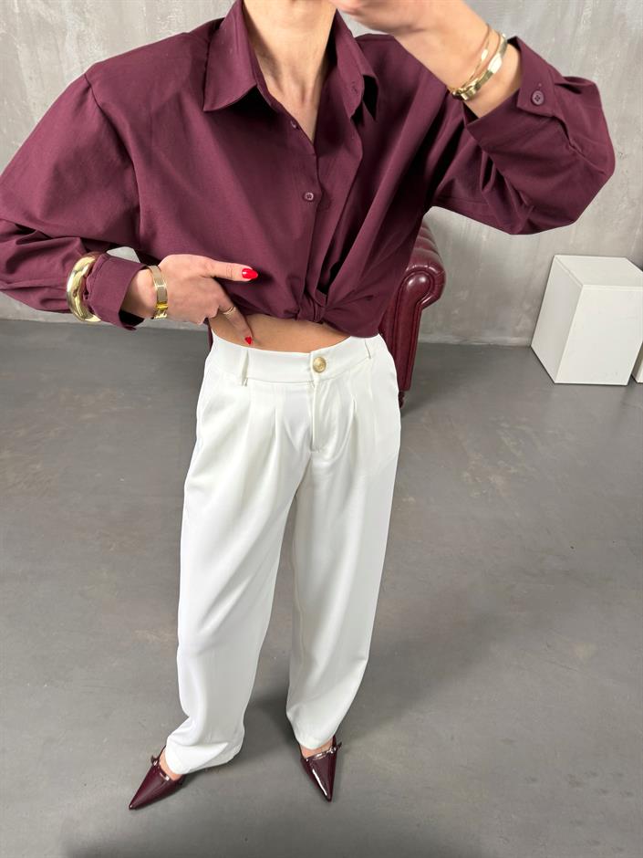 Sagura Beyaz Beli Lastikli Cepli Premium Pantolon