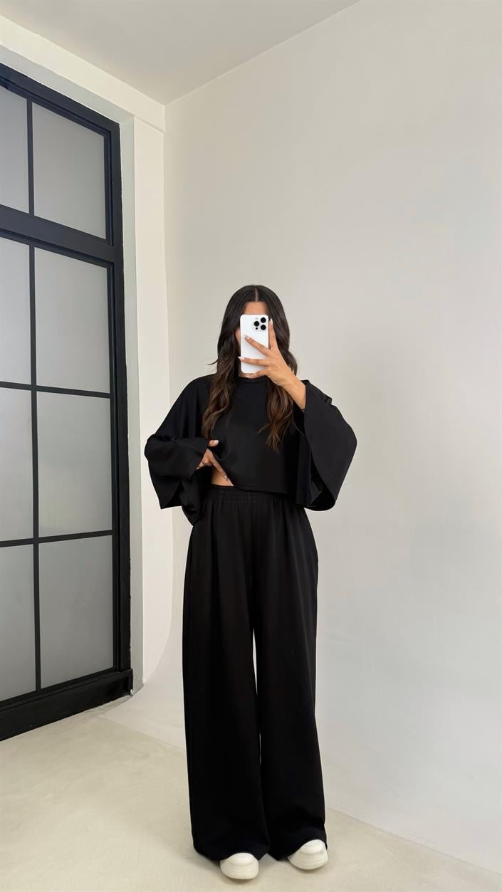 Siyah Yarasa Kol Crop Beli Lastikli Pantolon OYS Muadil Modal Takım GAUS-0080