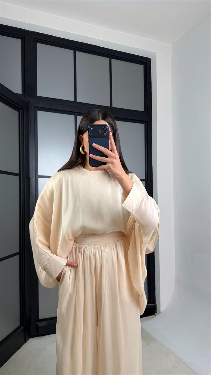 Bej Transparan Pelerin Beli Lastikli Şalvar Pantolon Premium Tasarım Takım GAUS-01292