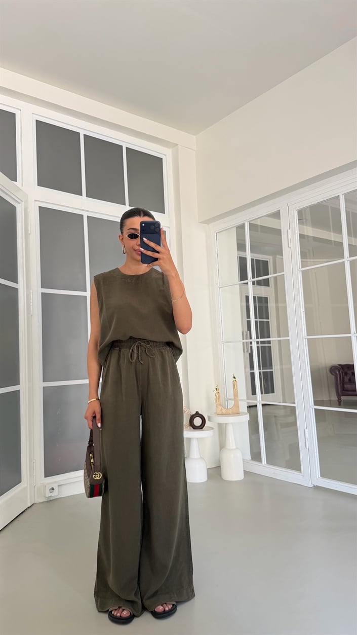 Yeşil Bluz Beli Lastikli Pantolon Yıkamalı Tencel Takım GAUS-01795