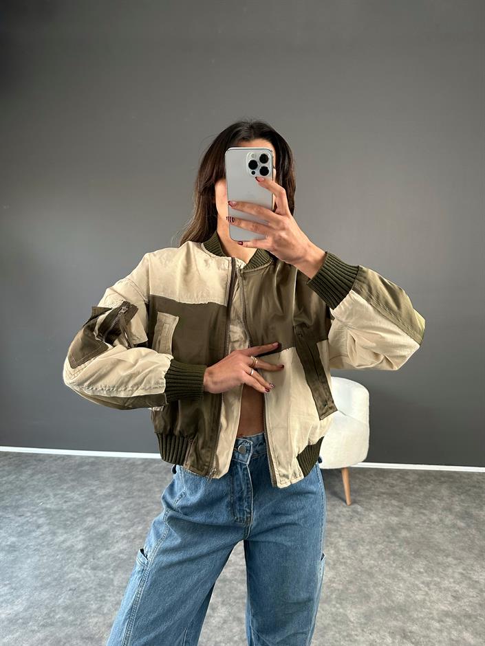 Yeşil Krem Blok Renk Bomber Ceket 
