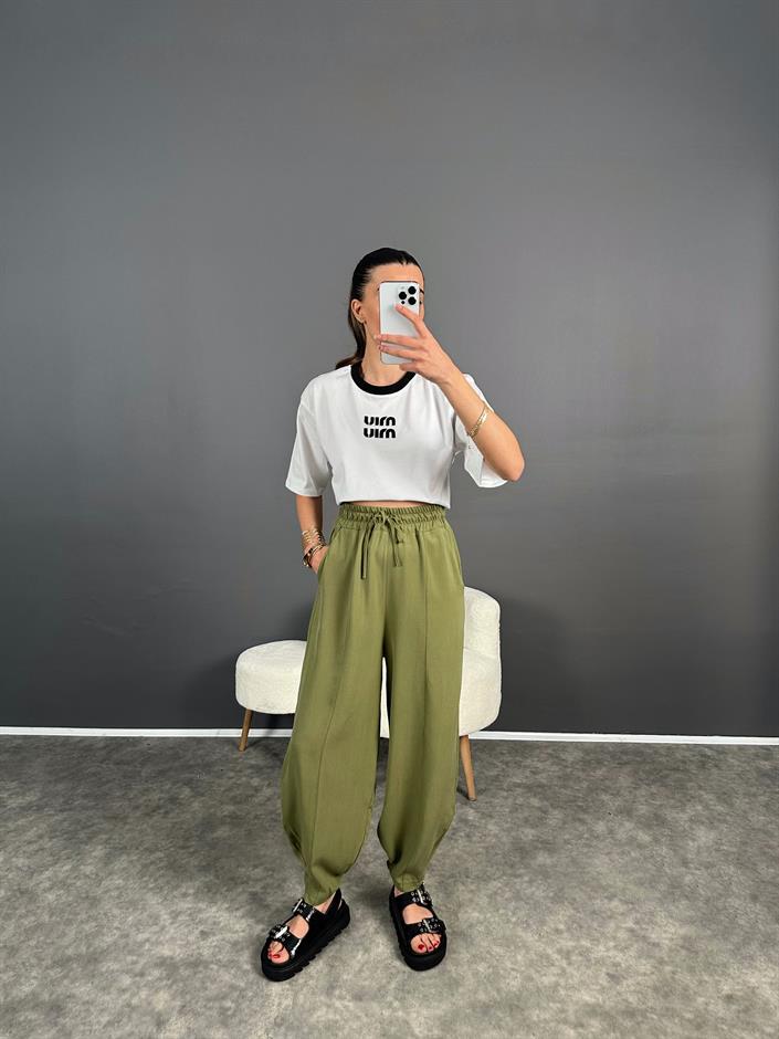 Yeşil Paçası Fermuarlı Şalvar Pantolon