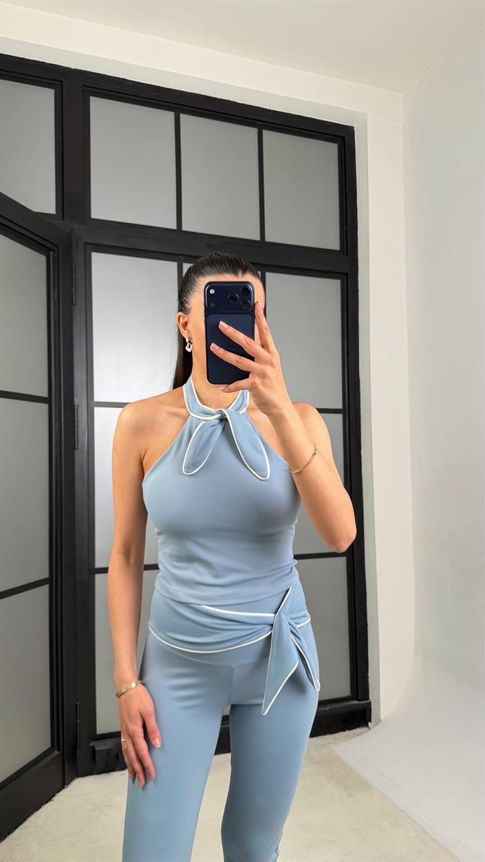 Mavi OYS Model Fiyonk Detaylı Crop Tayt Takım GAUS-01407