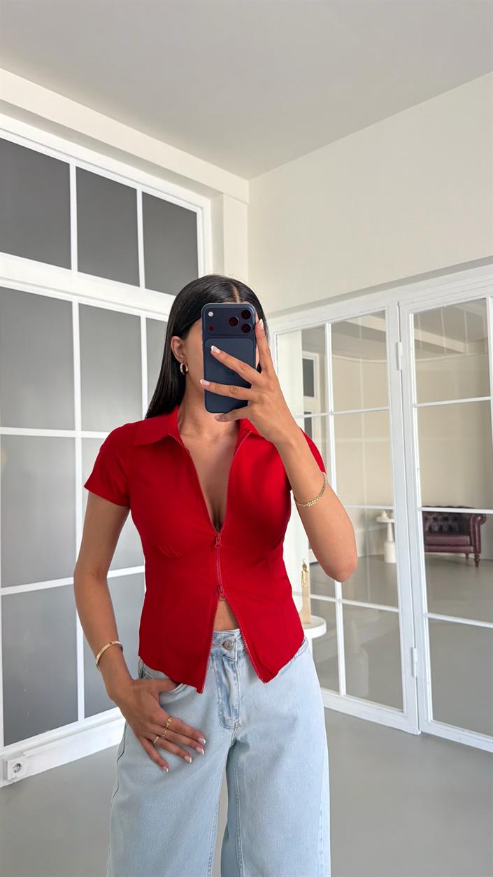 Kırmızı Çift Fermuarlı Bluz GAUS-01604
