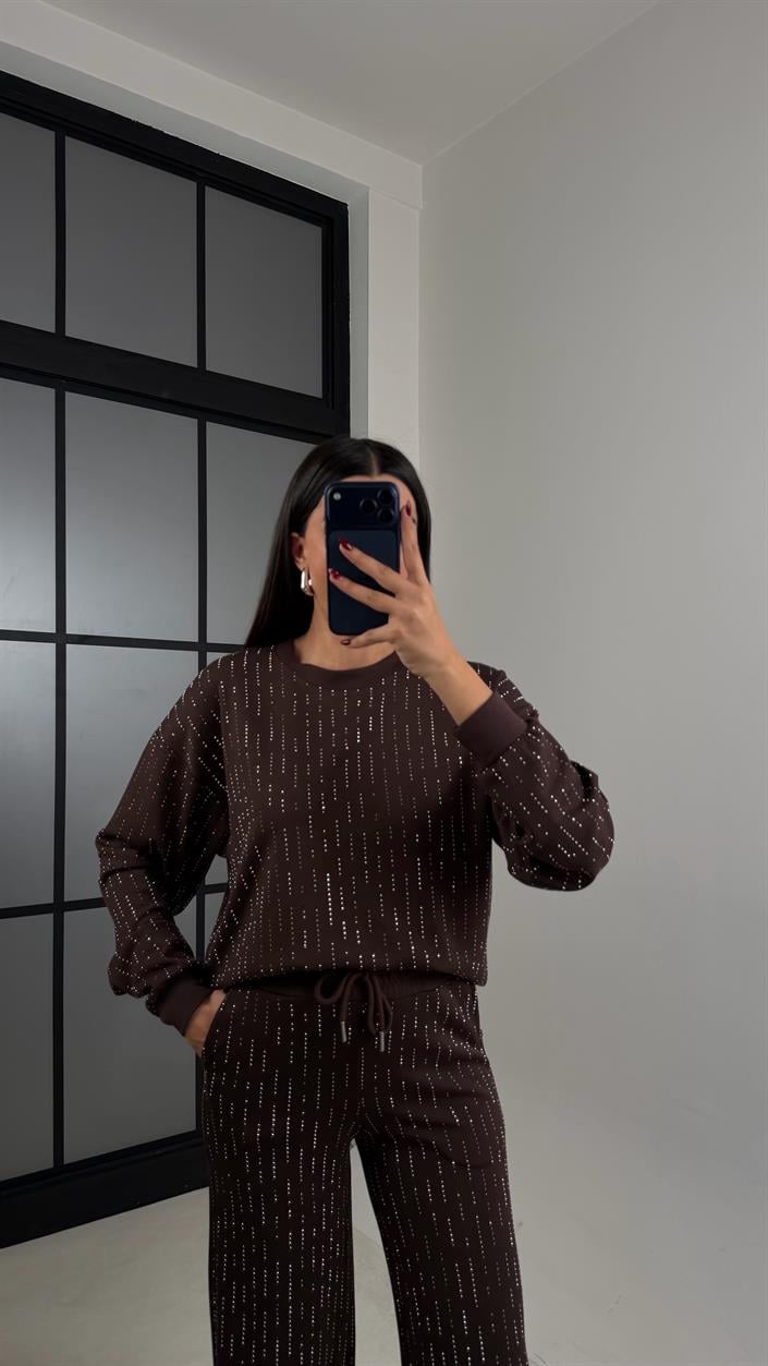 Kahve Kazak Beli Lastikli Pantolon Taş Detaylı Tasarım İkili Modal Takım GAUS-00674