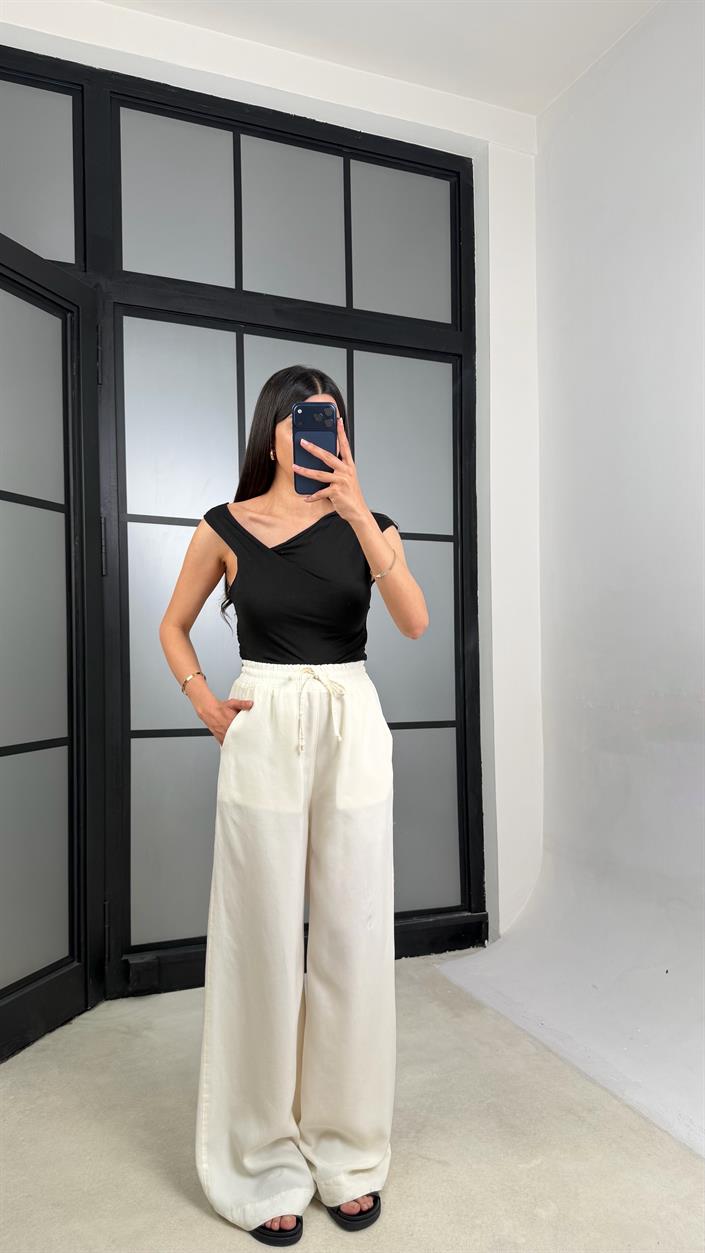 Krem Beli Lastikli Tencel Denim Pantolon GAUS-01474