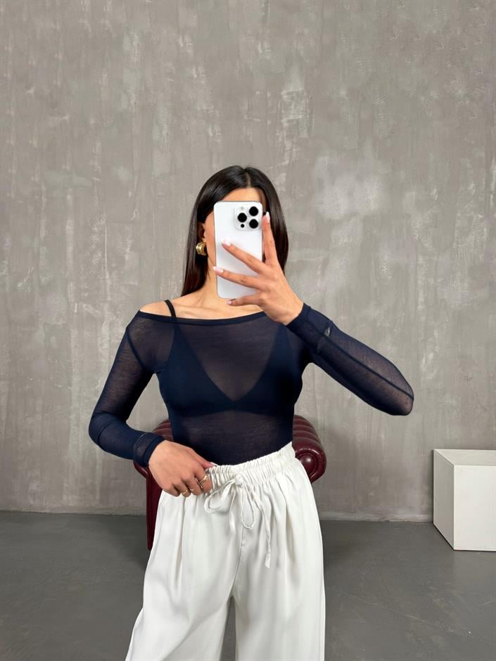 Lacivert Transparan Kaşmir Dokulu Bluz Gaus00272
