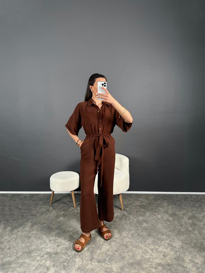 Kahverengi Müslin Kemerli Tulum