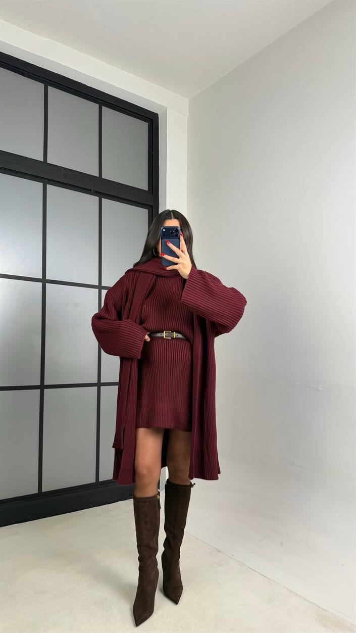 Bordo Şal Detaylı Hırka Kazak Beli Lastikli Etek Triko Takım GAUS-01039