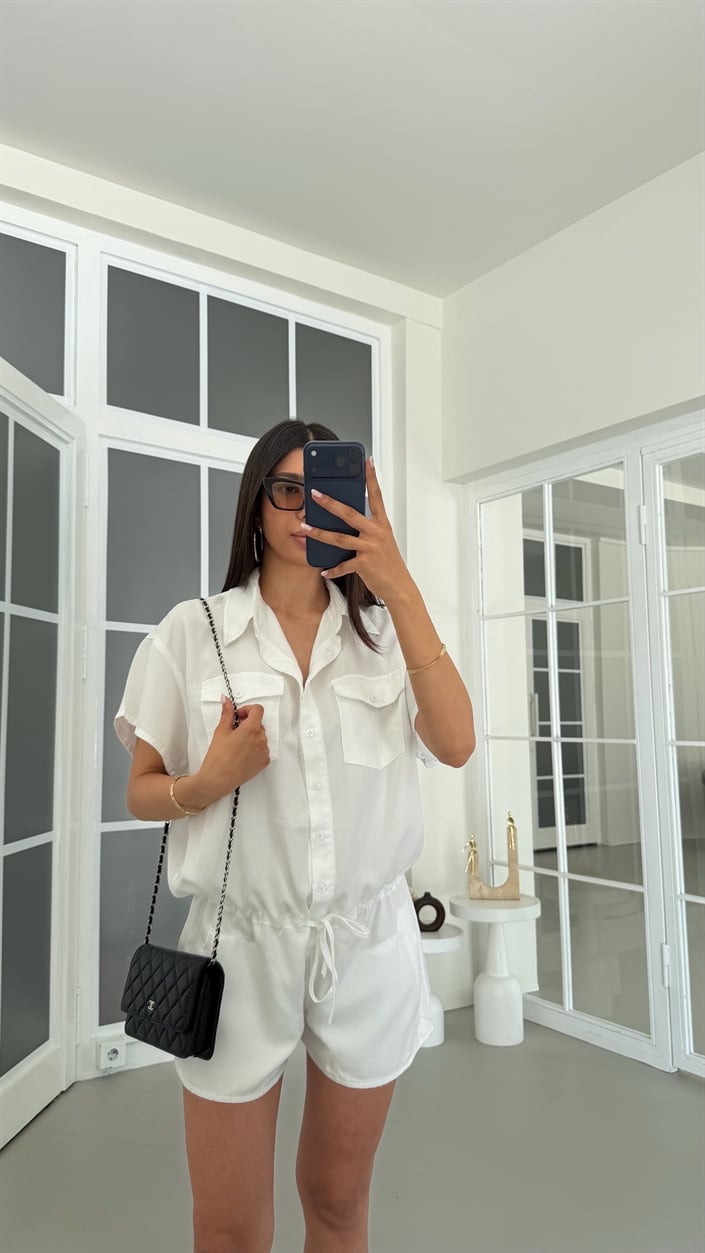 Beyaz Beli Lastikli Tencel Denim Tulum GAUS-01816