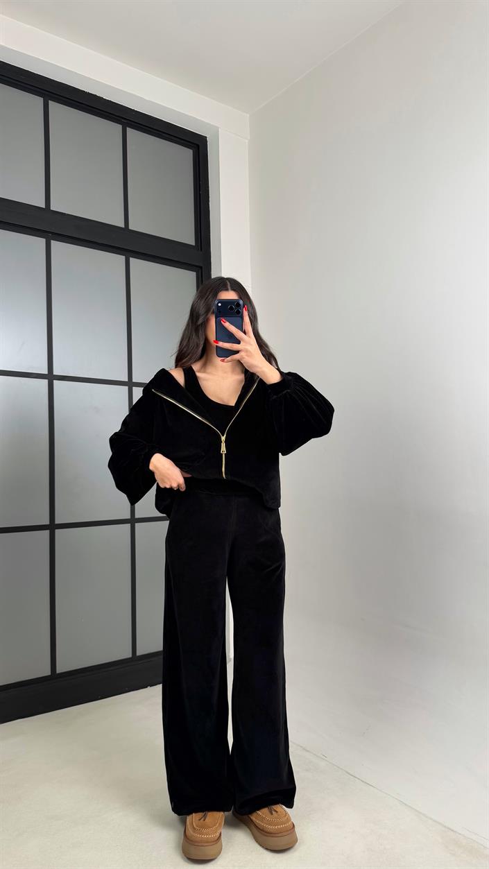 Siyah Kapüşonlu Hırka Crop Beli Lastikli Pantolon 3lü Kadife Takım GAUS-00875