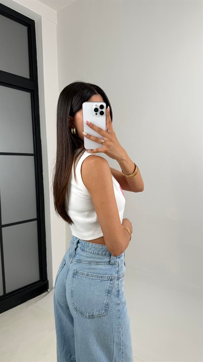 Beyaz Çiçek Baskılı Crop Gaus00666