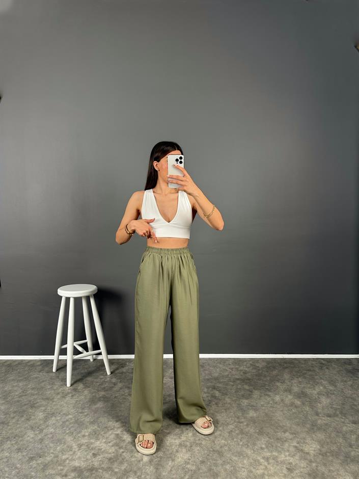 Allda Haki İthal Kumaş Beli Lastikli Pantolon