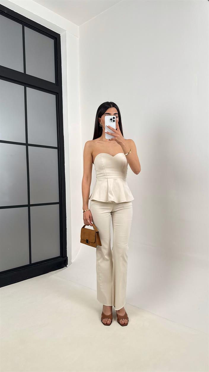 Taş Flare Jean Straplez Crop Volanlı Tasarım Takım Gaus00400