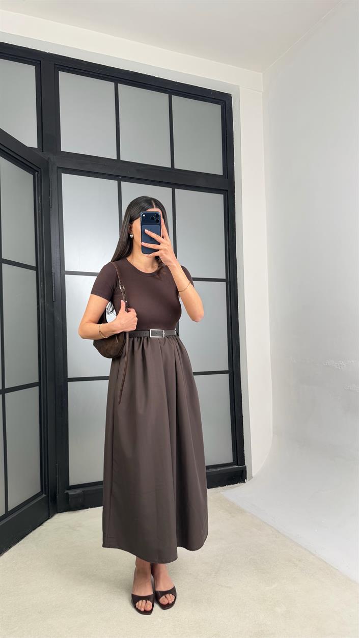 Acı Kahve Kısa Kol Beli Lastikli Kemerli Elbise GAUS-01246