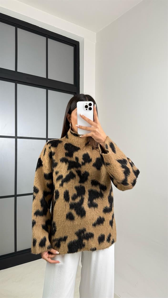 Camel Balıkçı Yaka Leopar Desenli Kazak GAUS-00532