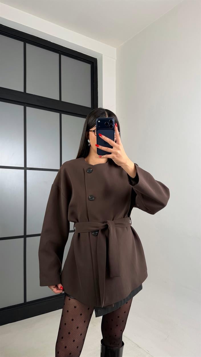 Acı Kahve Astarlı Kemerli Muadil Ceket GAUS-00990