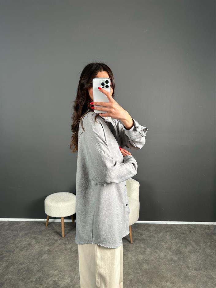 Daria Gri Keten Oversize Gömlek