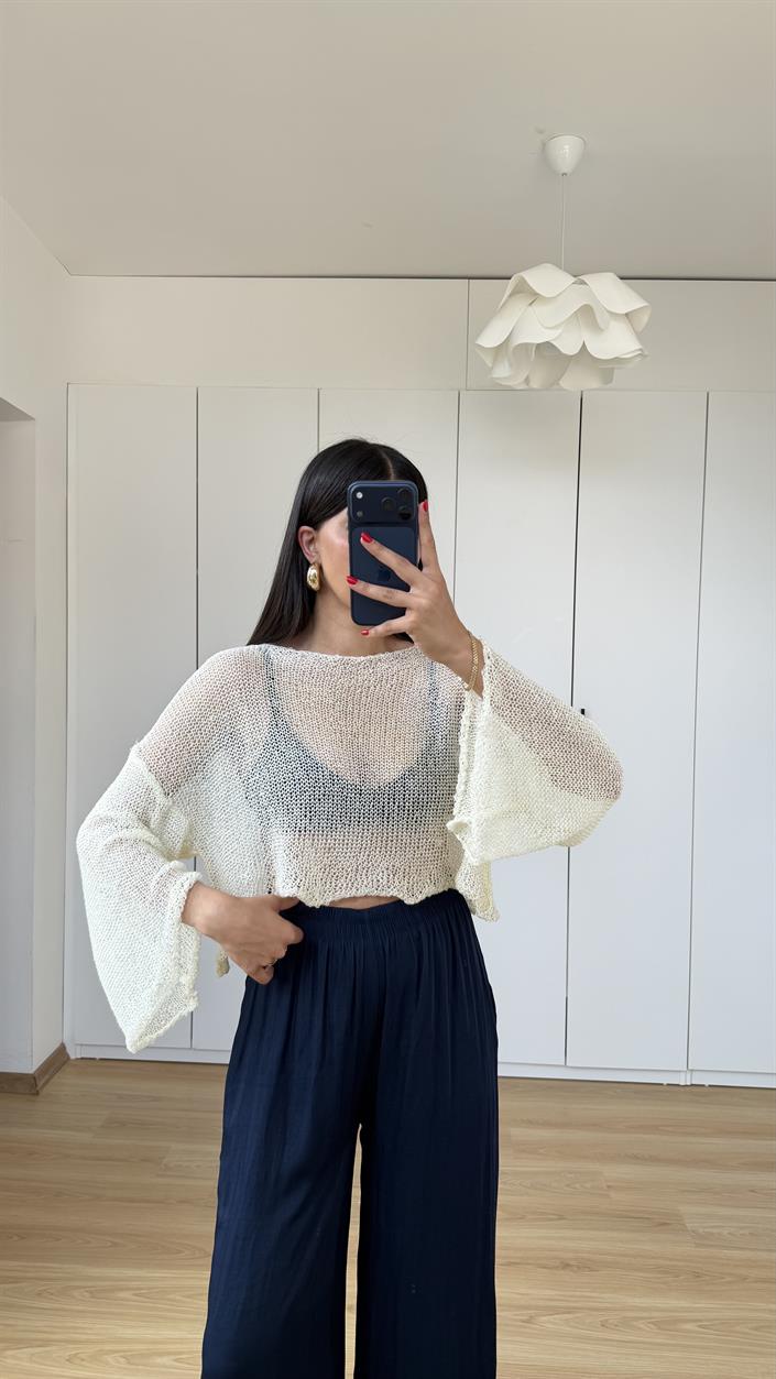 Ekru Simli Parlak Crop Bluz GAUS-01595