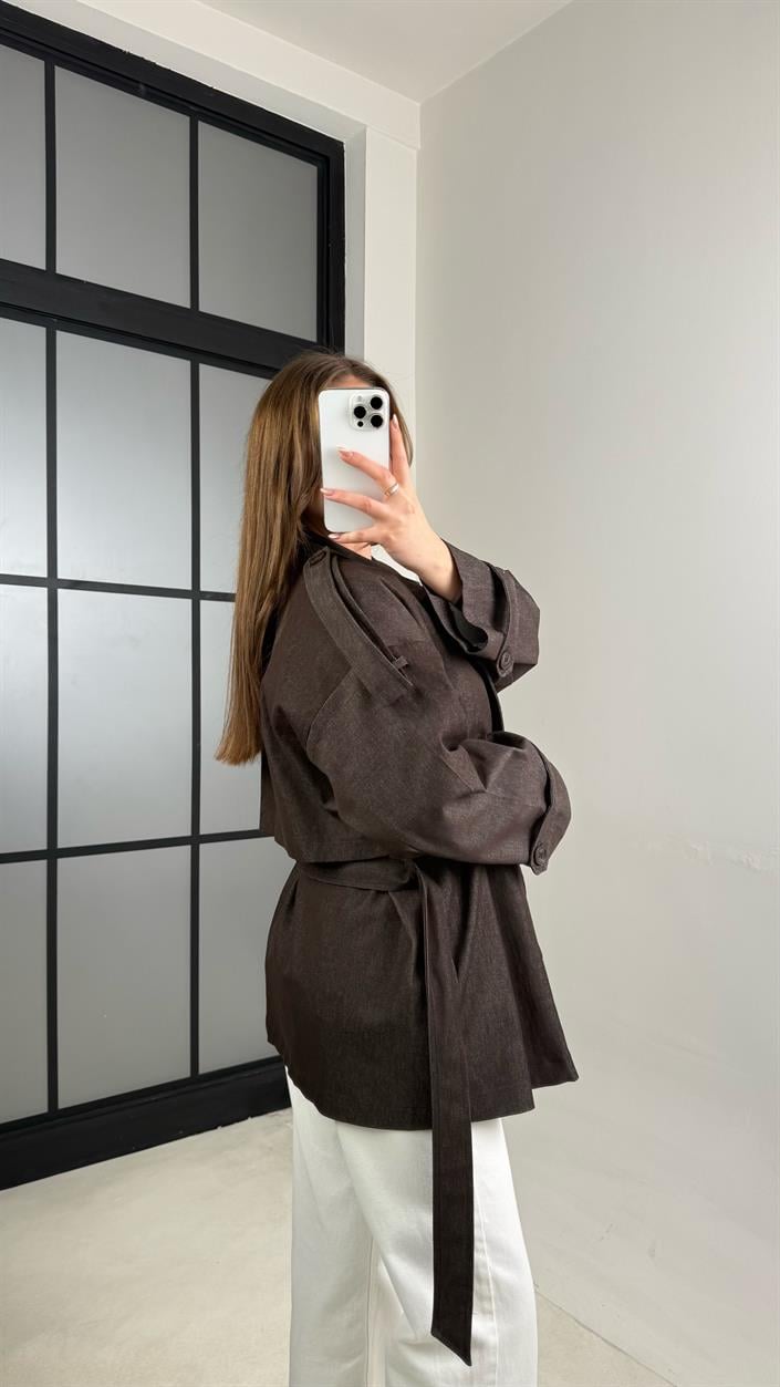 Acı Kahve Düğmeli Kuşaklı Denim Trençkot GAUS-00983