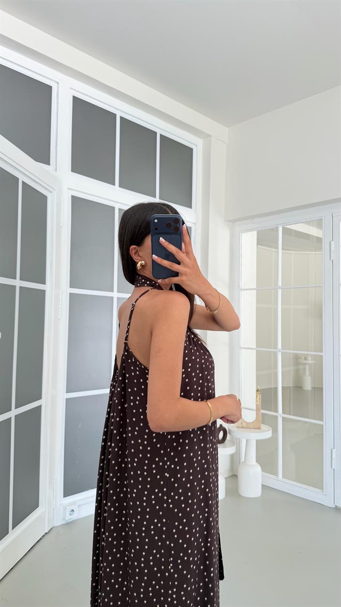 Acı Kahve Ayarlanabilir Askılı Fularlı Astarlı Puantiye Desenli Elbise GAUS-01666