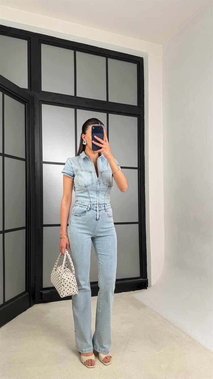 Açık Mavi İspanyol Paça Likralı Denim Tulum GAUS-01466