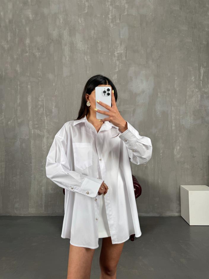 Beyaz Pamuklu Oversize Gömlek Gaus00147