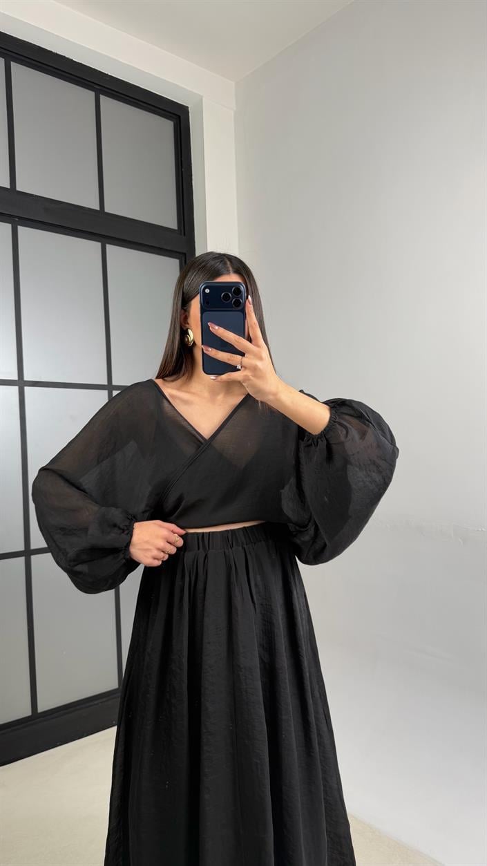 Siyah Transparan Üst Beli Lastikli Astarlı Etek Takım GAUS-01111