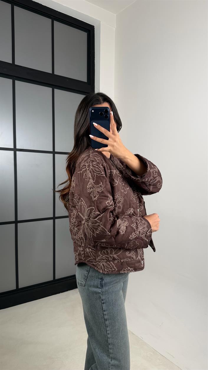 Kahve Etnik Desenli Astarlı Kapitone Mont GAUS-00596