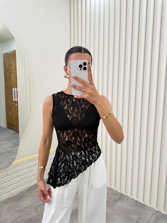 Siyah Sıfır Kol Dantelli Transparan Bluz Gaus00287