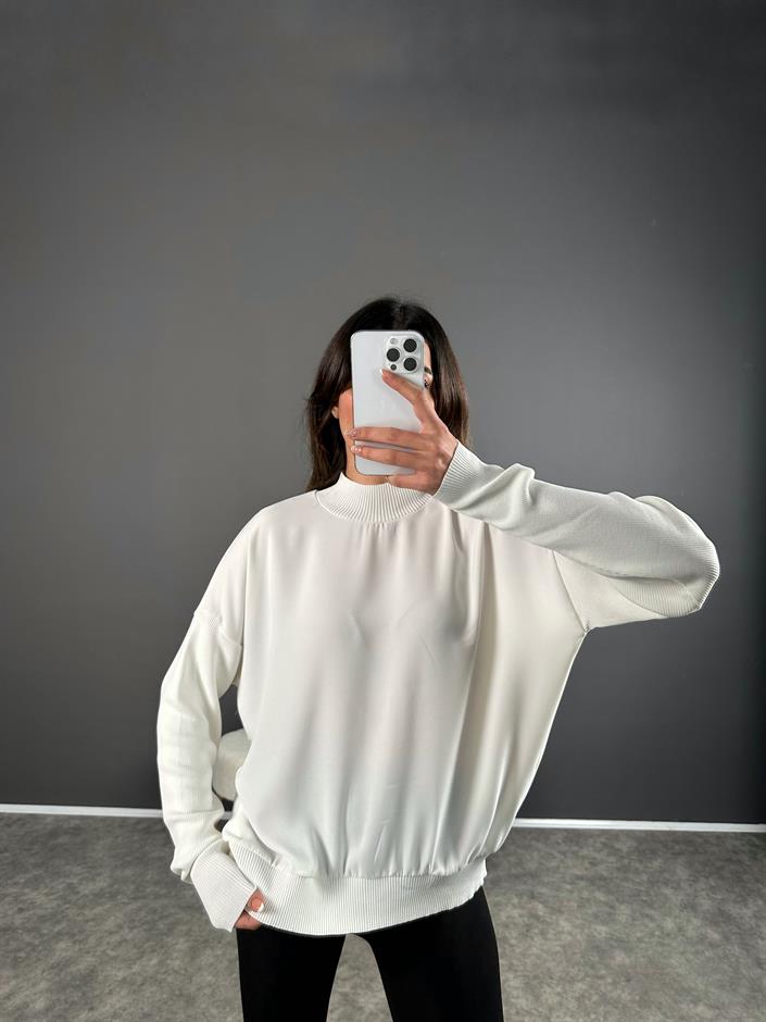 Beyaz Çelik Örme Triko Sweat