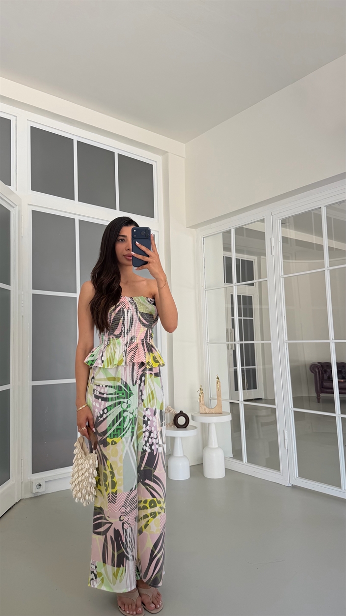 Çok Renkli Desenli Beli Lastikli Straplez Tulum GAUS-01809