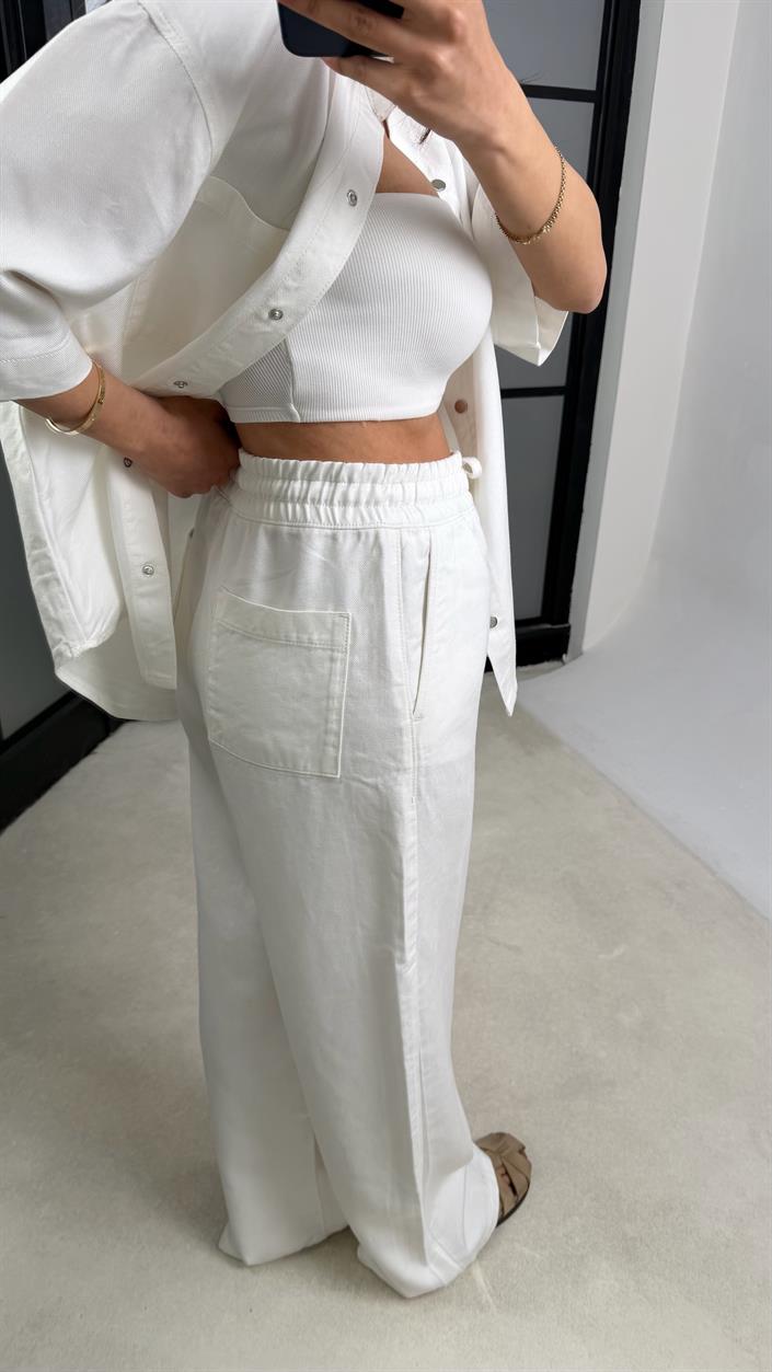 Beyaz Gömlek Beli Kuşaklı Pantolon İkili Tencel Denim Takım GAUS-01471