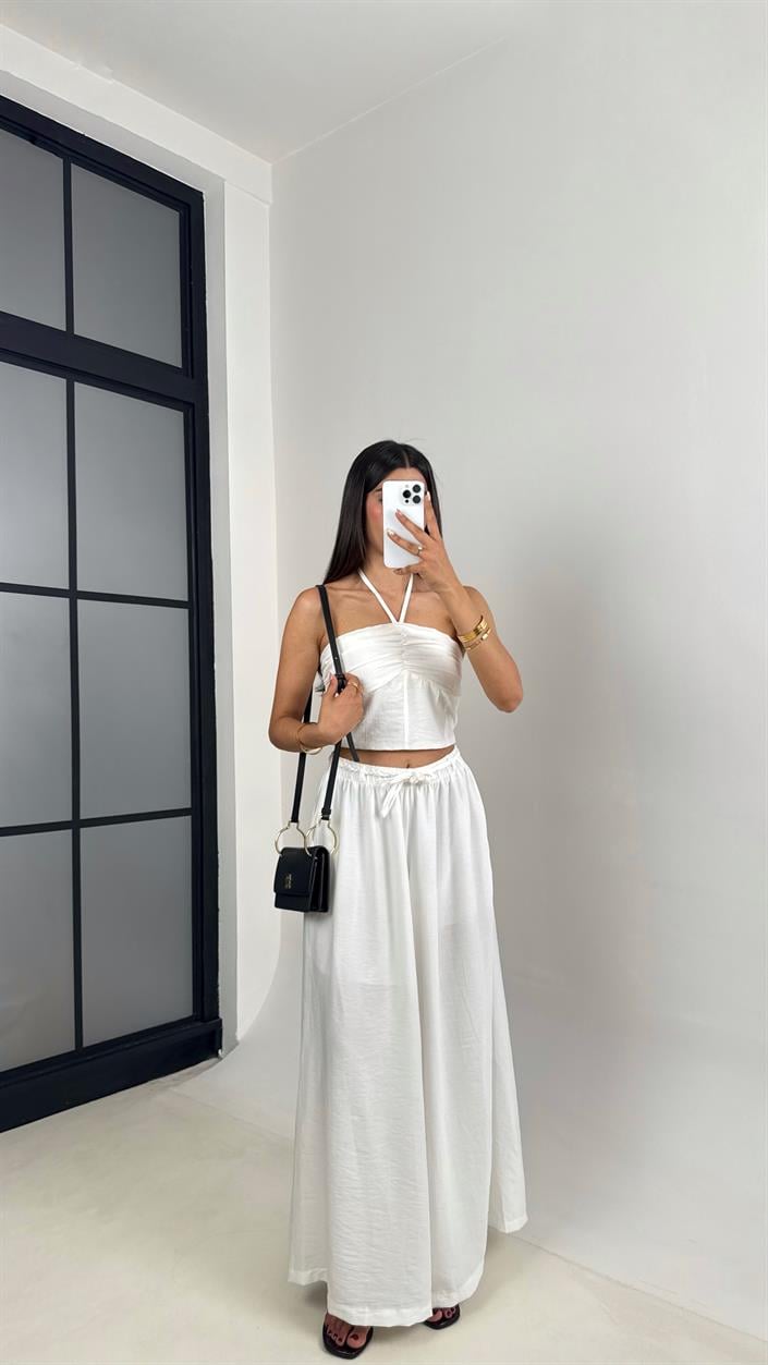 Beyaz Boyundan Bağlamalı Beli Lastikli Crop Kuşaklı Cepli Pantolon Çilek Kumaş Takım Gaus00659