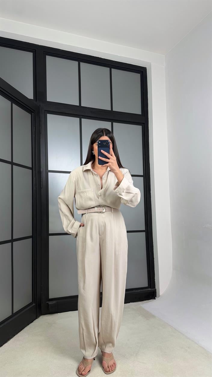 Taş Vatkalı Gömlek Kemerli Pantolon İkili Tencel Takım GAUS-01319
