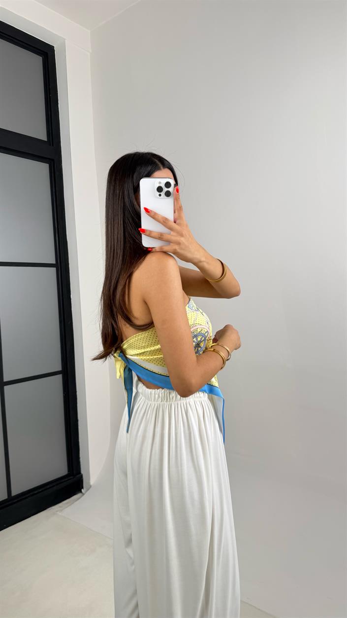Sarı Çok Desenli Sırt Bağlamalı Saten Bluz GAUS-0024
