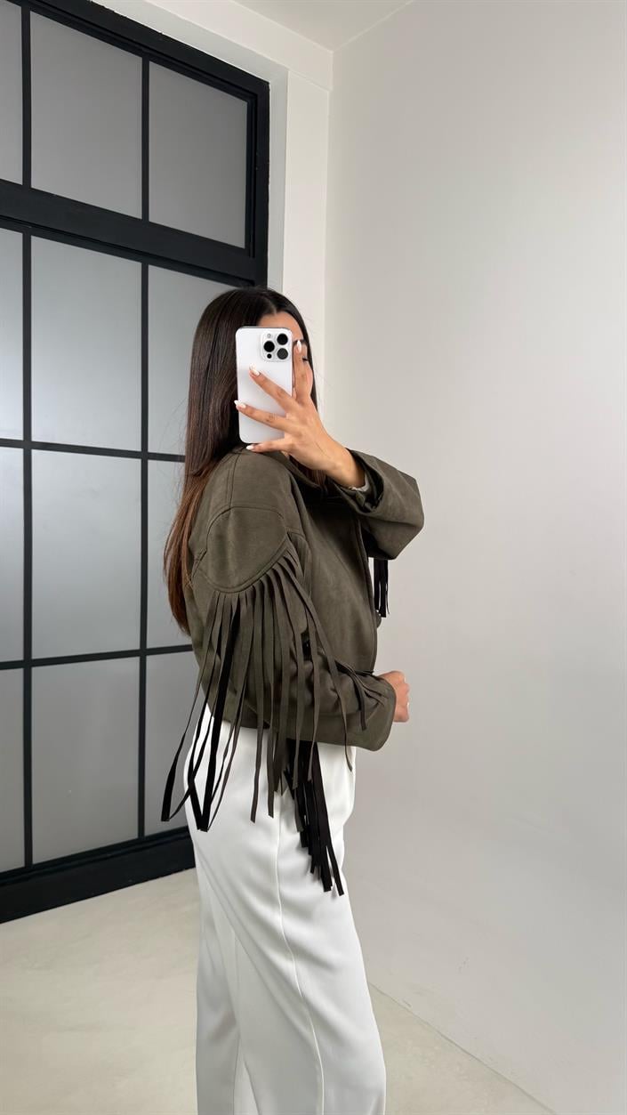 Haki Vintage Püsküllü Süet Ceket GAUS-00483