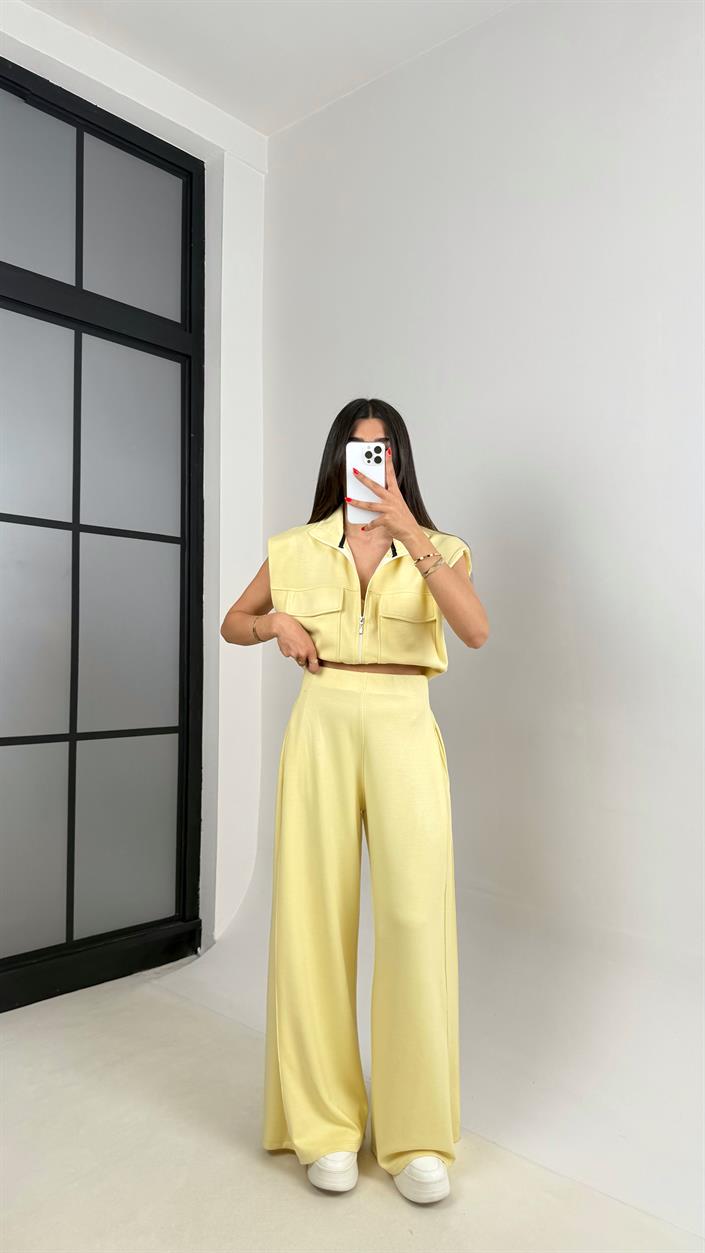Sarı Cepli Yelek Beli Lastikli Pantolon Modal Eşofman Takım Gaus00523