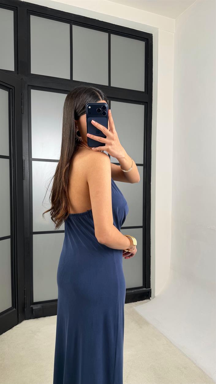 Lacivert Kolye Detaylı Premium Modal Kumaş Elbise GAUS-01367