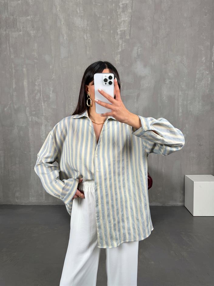 Patis Soft Sarı Çizgili V Yaka Oversize Gömlek