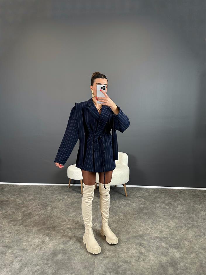 Anis Premium Lacivert Çizgili Bağlamalı Astarlı Blazer Ceket